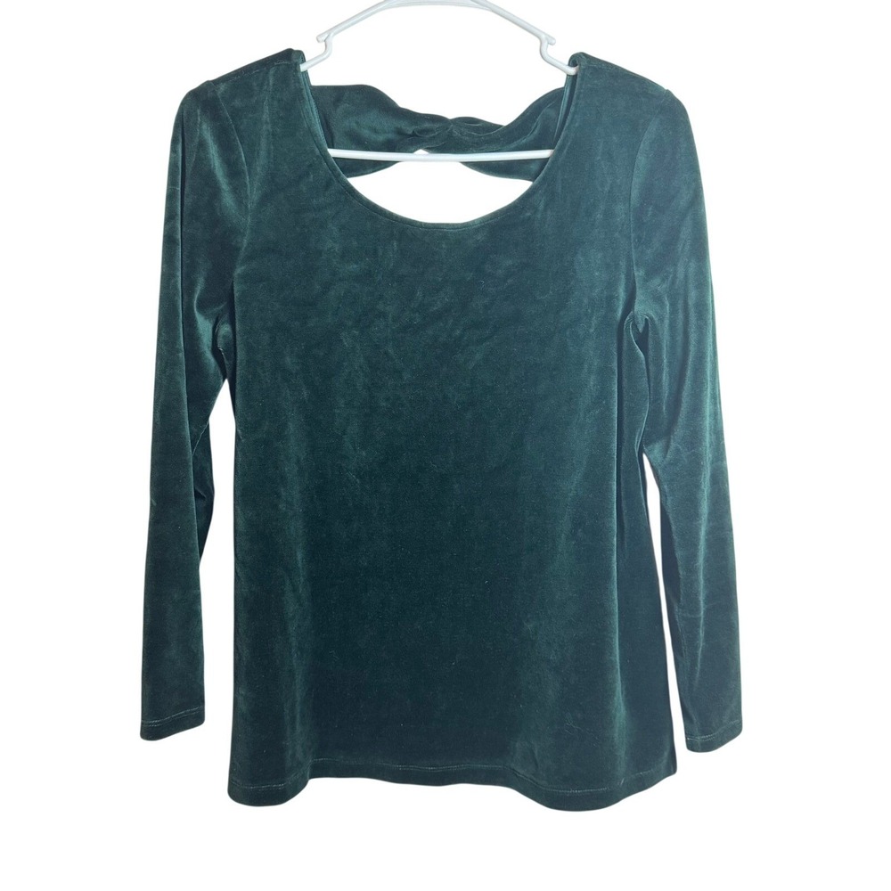 T by Talbots Women Petite Medium Emerald Green Velvet Twist Back Long SleeveTop